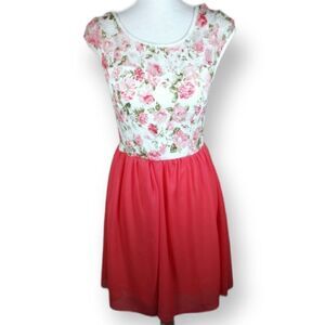 FASHION MAGAZINE CREAM/WHITE PINK FLORAL LACE BODICE PINK DRESS SZ.L EUC